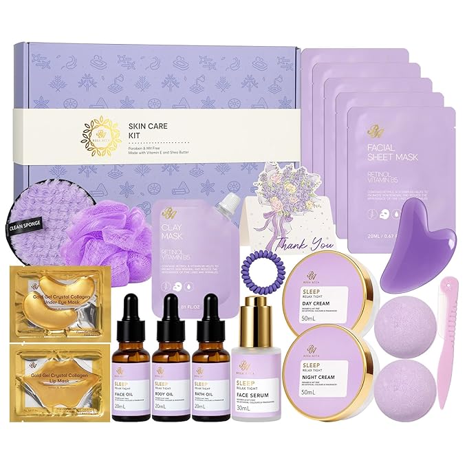 23 Pcs Mother's Day Gifts, Lavender Facial Skin Care Set, Bath and Body Gifts Basket for Women, Spa & Self-Care Kit, Sheet Mask, Present, Birthday, Christmas, Bridal Shower, Anniversary, Wife, Mom