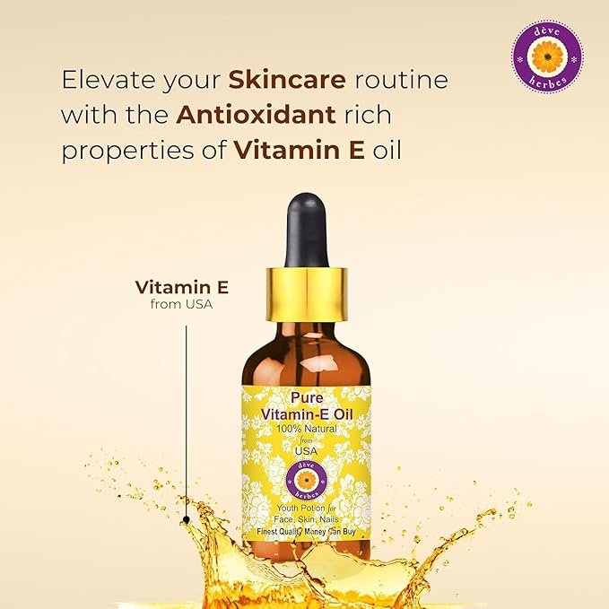 Deve Herbes Vitamin E Oil with Glass Dropper | Infused | Pure | Natutal | Undiluted | for Diluting Essential Oils | for Skin & Massage | Non-Sticky| Lightweight| Men & Women | 30ml (1 oz)