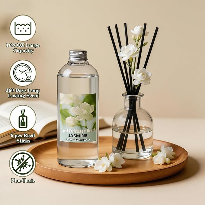 STRN Reed Diffuser Refill, Jasmine Scent Diffuser 500ml | 16.9 oz with 6 Reed Sticks, Room Fresheners for Home, Long-Lasting Fragrance for Living Room, Bedroom, Office, Home Décor