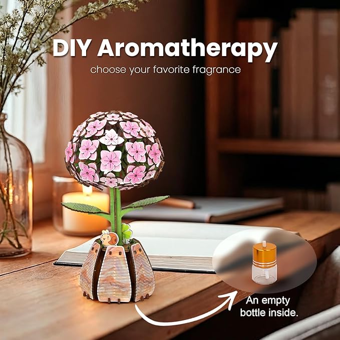 Jege 3D Flower Wooden Puzzles for Adults, DIY Building Set with 2 Flowers, 2 Perfume Bottles & Diffuser Sticks, Creative Craft Gifts & Home Decor (Rose + Hydrangea)