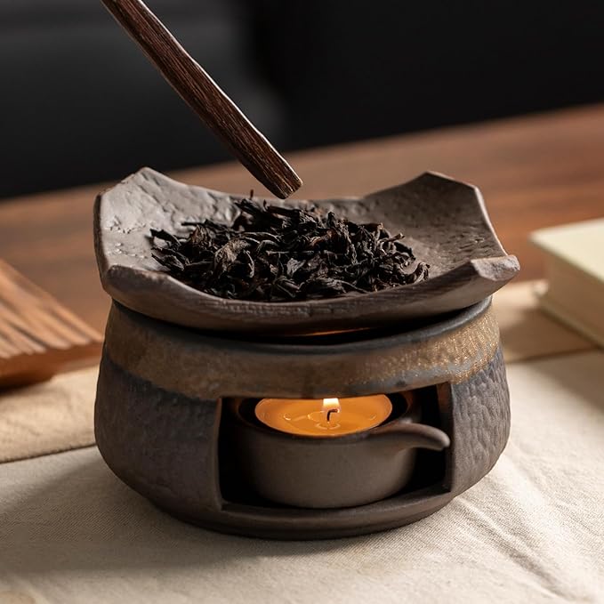 Cedar Aromatherapy Burner & Ceramic Oil Warmer for Home & Office (Heat-Resistant Tile Baking Tray + Stone-Patterned Oven + Old elm Wood mat + Accessories)