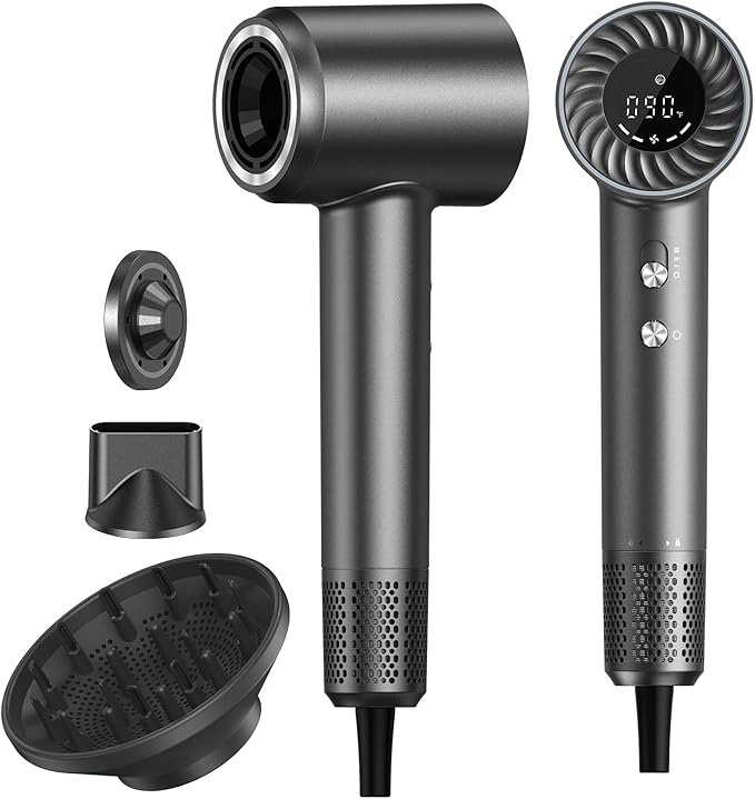 Hair Dryer, 150000 RPM Brushless Motor with 500M Negative Ions, Fast-Dry Lightweight Design, ThermoControl & Magnetic Nozzle/Diffuser, Low Noise Salon Blow Dryer for All Hair, Travel, Home