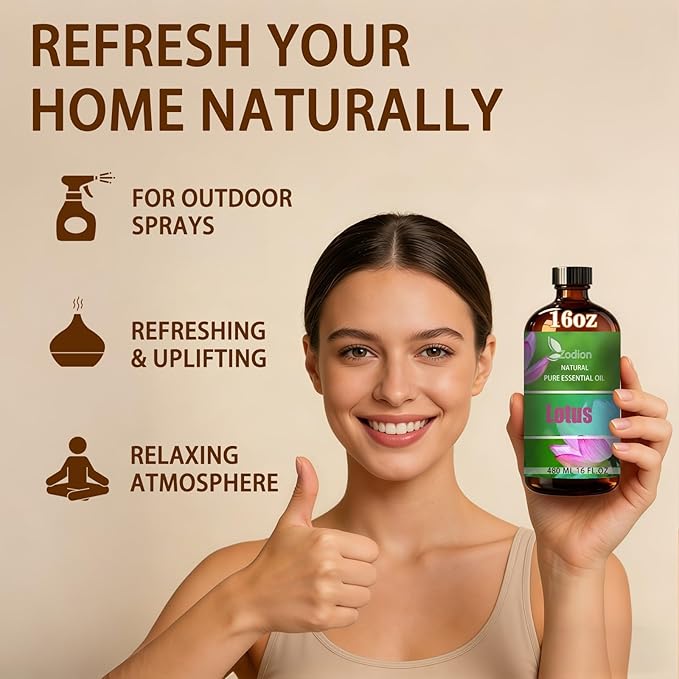 Lotus Essential Oil, 16 fl oz (480ml) - ZODION Lotus Fragrance Oil for Diffuser, Massage, Humidifier, DIY Candle, Soap Making, Home, Bath, Yoga
