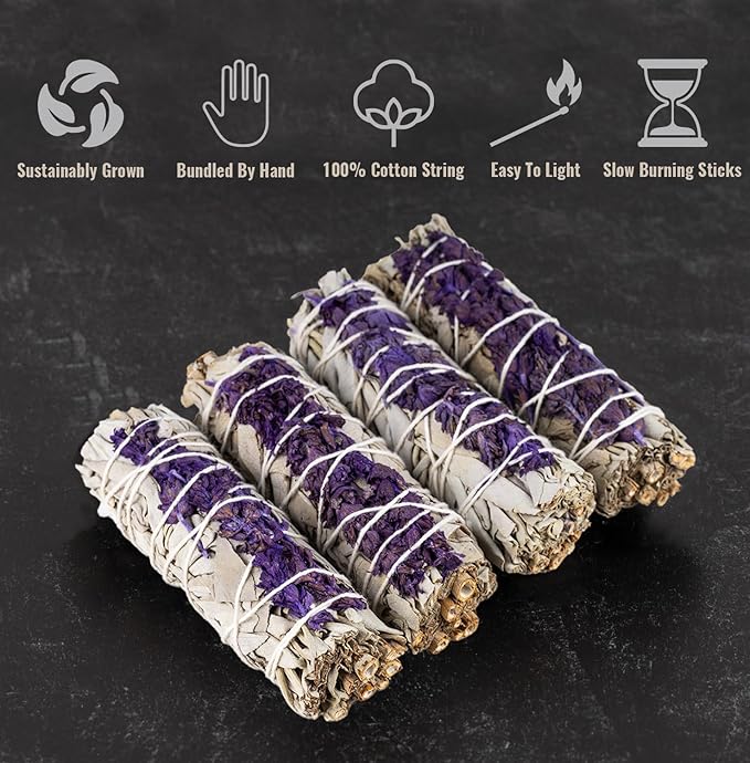 4 pc Lavender Sage Smudge Sticks with Turkey Feather – 4” Lavender Sage Bundle for Home Cleansing, Energy Healing, Meditation, Reiki, and Clearing Negative Energy- Includes Smudging Guide