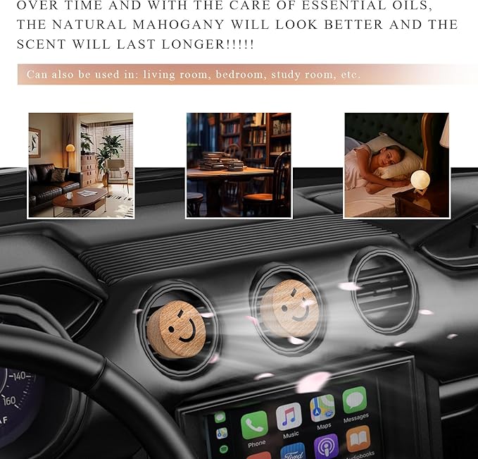 KVAEY 2 PCS Wood Car Essential Oil Diffuser, Wooden Aromatherapy Essential Oils Diffuser with Vent Clip, Wood Vent Clip Air Freshener for Vehicle Office Home Bedroom (Smile)