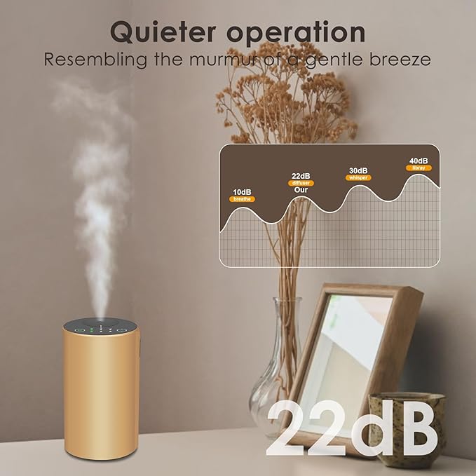 Waterless Essential Oil Diffuser, 7 Colors LED Light, Battery Powered Mini Scent Air Machine, Aromatherapy Mist Diffuser for Home Room Car Office，Black Aluminum Alloy (Gold)
