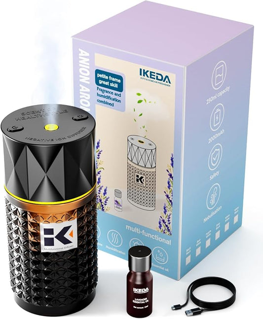 Smart Car Air Freshener | Negative Ion Car Aroma Diffuser | Car Air Freshener Diffuser with 3 Switchable Modes | Car Diffuser Auto Power-Off When Waterless | Glass Diffuser for Car, by Ikeda (Black)