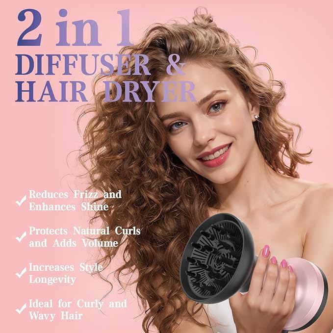 2 in 1 Hair Diffuser for Curly Hair with Ionic Technology, XL 1875W Hair Dryer with Diffuser & Comb Nozzle Attachment, 3×Faster, Enhances Curl Waves, Reduce Frizz, Gifts for Women Her