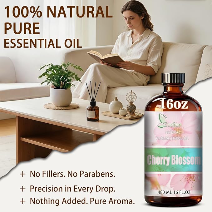 Cherry Blossom Essential Oil, 16 fl oz (480ml) - ZODION Cherry Blossom Fragrance Oil for Diffuser, Massage, Humidifier, DIY Candle, Soap Making, Home, Bath, Yoga