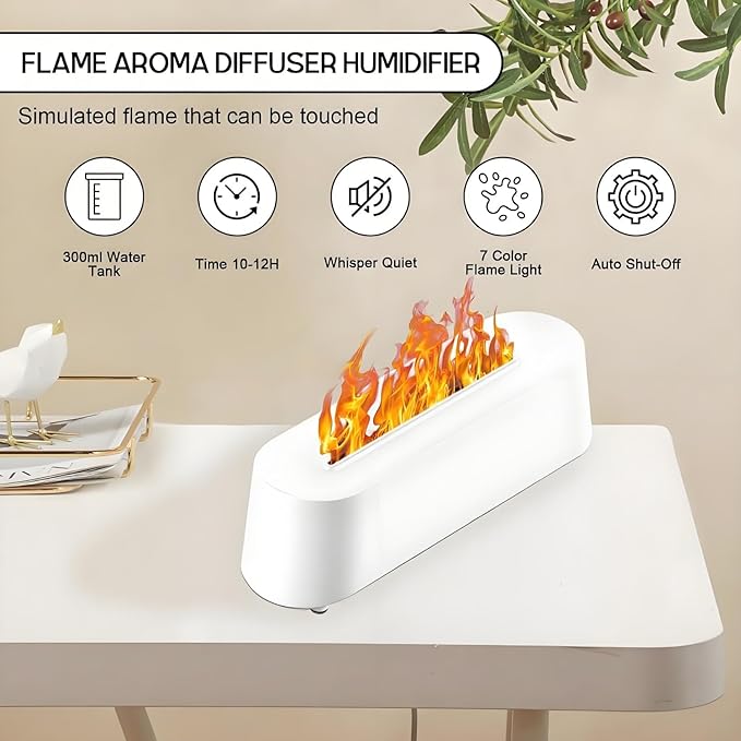 Fireplace Flame Diffuser, Aromatherapy Essential Oil Diffuser, 300ml Cool Mist Ultrasonic Humidifier for Bedroom,Office,Home,Yoga, Timer & Auto Shut-Off, 7 Colorful Night Light (White)