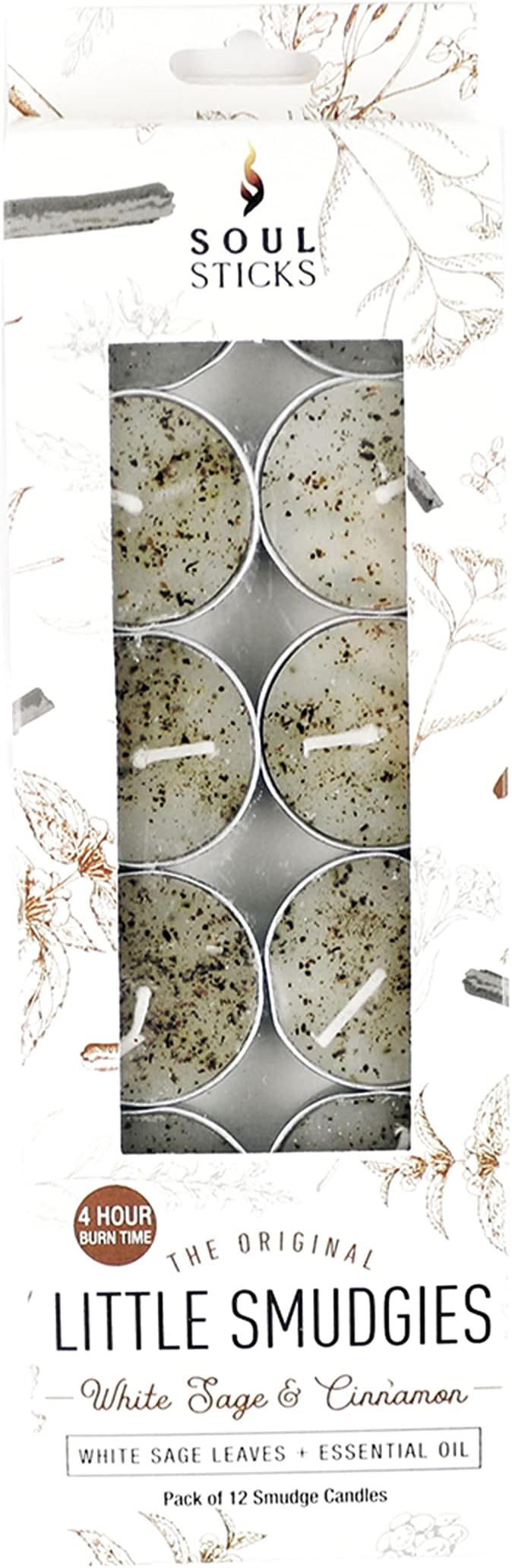 SOUL STICKS Aroma Smudge Kit | Gift Set with Little Smudgies Candles, Smudge Spray, Essential Oil and 2 Selenite Wand in White Gift Box (Cinnamon)