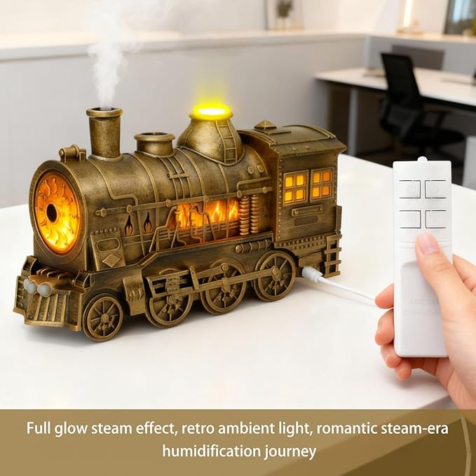 300ML Vintage Steam Train Essential Oil Diffuser & Humidifier - Dual-Color LED Night Light, 2 Mist Modes, Auto Shut-Off, Perfect Home Decor Gift for Bedroom, Office, Christmas