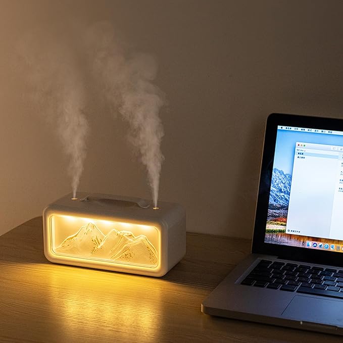 600ML Dual Mist Spray Snow Mountain Essential Oil Diffuser with 3 Modes Night Light USB Desktop Humidifier for Bedroom Home Office
