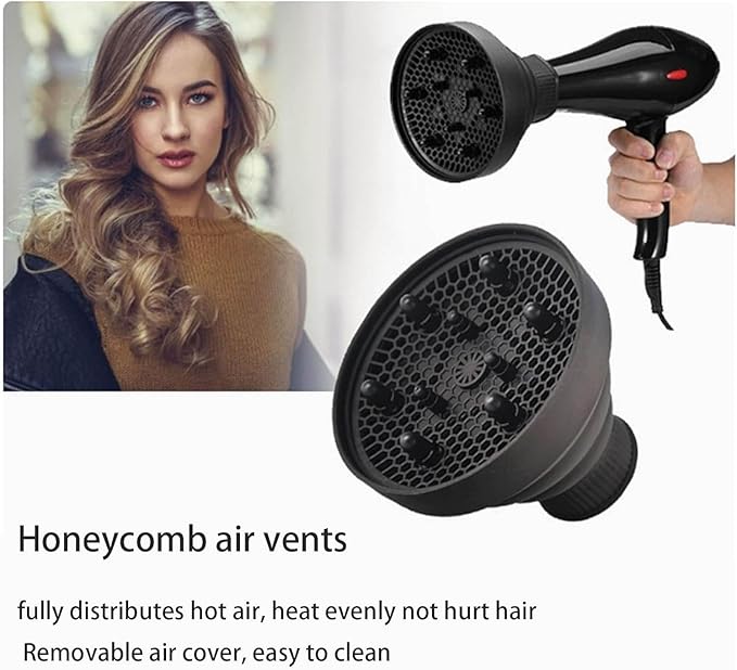 Collapsible Hair Dryer Diffuser Fit 1.57’’-1.96’’(4-5cm) Round Nozzle, Travel Hair Curly Difusor Attachment, Portable Silicone Diffuser for Hair Dryers, Salon Home Hair Blow Dryer Diffuser (Black)