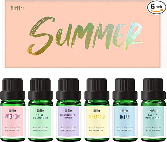 Summer Essential Oils for Diffusers for Home, MitFlor Fragrance Oil Set, Soap & Candle Making Scents, 6x10ml with Ocean, Midsummer Night, Pineapple and More, Aromatherapy Diffuser Oil Gift Set