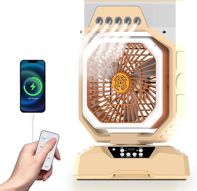 Weljoy Desk Fan 5 Sprayers Rechargeable Misting Fan for Camping & Home – 6 Speed Portable Cooling Fan with Mist 560ml Water Tank Aromatherapy Diffuser Timer 27000mAh Fast-Charging Battery(Biege)