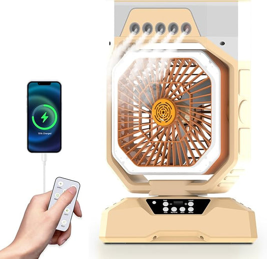 Weljoy Desk Fan 5 Sprayers Rechargeable Misting Fan for Camping & Home – 6 Speed Portable Cooling Fan with Mist 560ml Water Tank Aromatherapy Diffuser Timer 27000mAh Fast-Charging Battery(Biege)