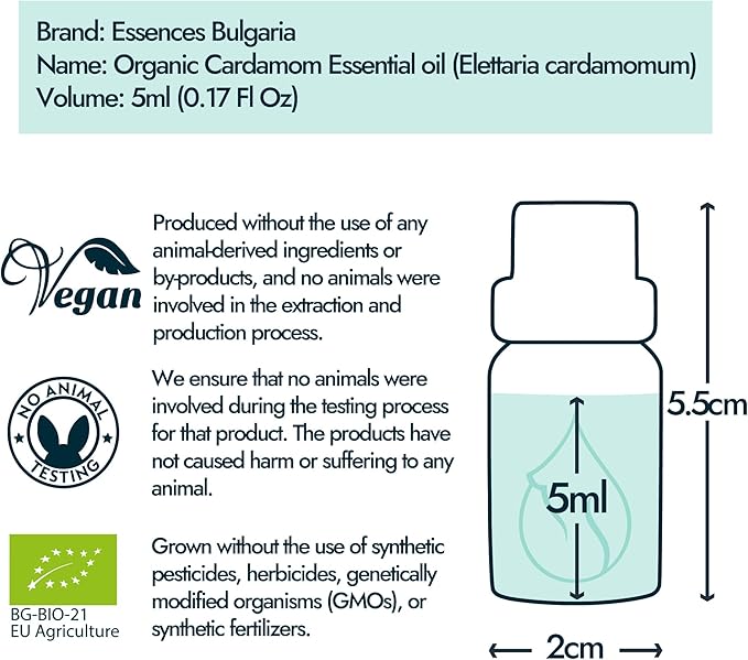 Essences Bulgaria Cardamom Essential Oil 5ml (0.17 Fl Oz) | Elettaria cardamomum | 100% Pure, Natural, Undiluted | Aromatherapy, Cosmetics | Vegan, Non-GMO, Cruelty-Free