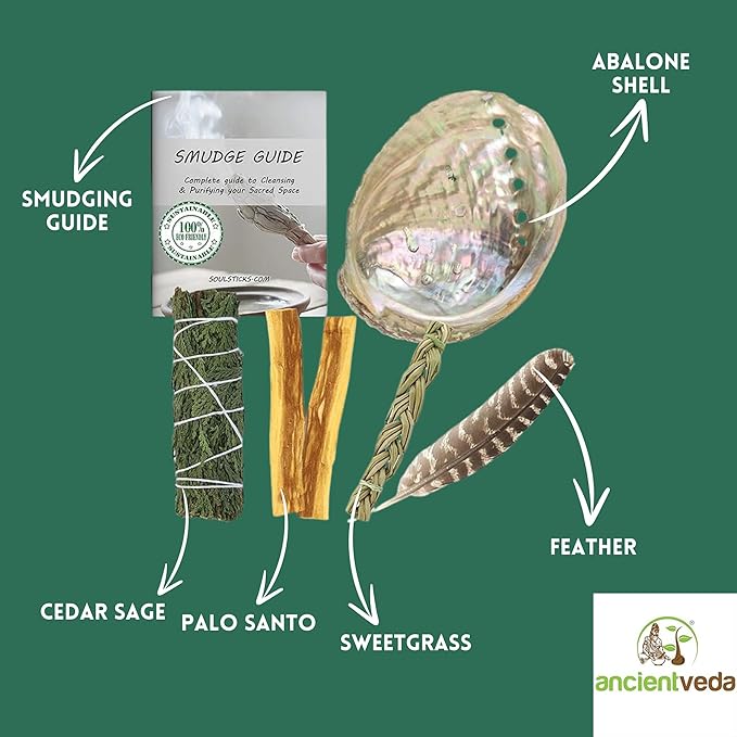 Ancient VEDA Organic Smudge Kit – Cedar Sage, Palo Santo, Sweetgrass, Abalone Shell, Feather & Smudge Guide | Smudging Kit for Home Energy Cleansing, Meditation, Reiki (Healer's Kit, Cedar Sage)