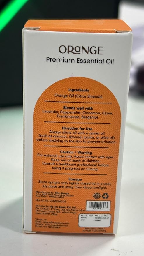 MyAce Orange Essential Oil – 100% Pure & Natural Cold-Pressed Sweet Orange Oil – 0.33 fl oz Amber Glass Bottle with Dropper – Aromatherapy, Diffuser, Candle & Soap Making, Skin & Hair Care