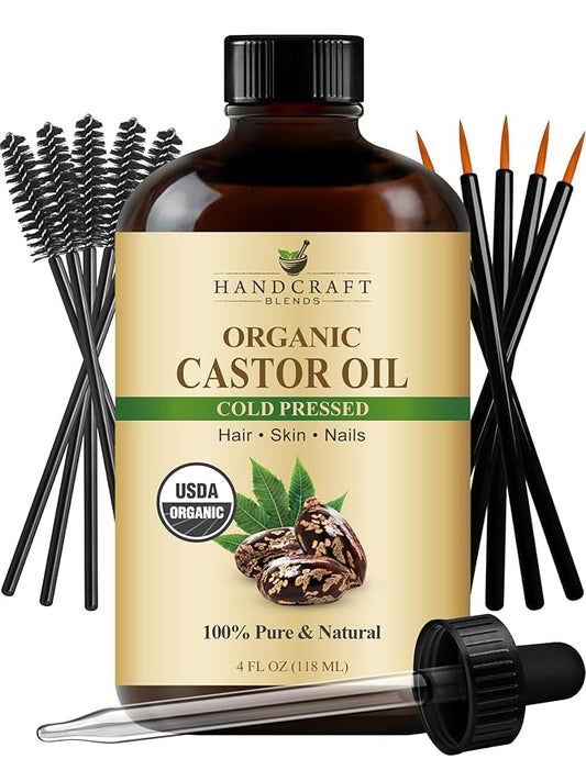 Handcraft Blends Cold-Pressed Organic Castor Oil 4 Fl Oz | Glass Bottle | Lash Brushes | 100% Pure and Natural | Premium Grade Carrier Oil | Hair, Eyelashes and Eyebrows | Hair and Body | Cold-Pressed, Organic, Glass Bottle, Lash Brushes, 100% Pure, Na...