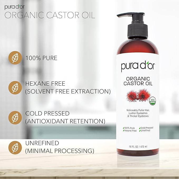 PURA D'OR ORGANIC Castor Oil (16 Oz) Pure Cold-Pressed Hexane-Free USDA Certified – Lashes Brows Hair Scalp Skin – Botanical Moisturizer for Softness Strength Hydration Shine Radiance