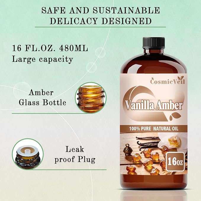 Vanilla Amber Essential Oil 16 Fl Oz (480Ml) Fragrance Oil Vanilla Amber Oil for Aroma Diffuser,Humidifier,Home Fragrance,Spa,Cleaning,Body Care,Massage,Yoga,DIY Candle