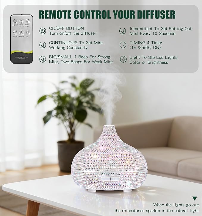 Bling Rhinestone Onion Aromatherapy Diffuser for Home Bedroom 500ml Large Oil Diffuser Artistic Charm with Vibrant 7-Color Ambient Lighting Cool Mist Humidifier