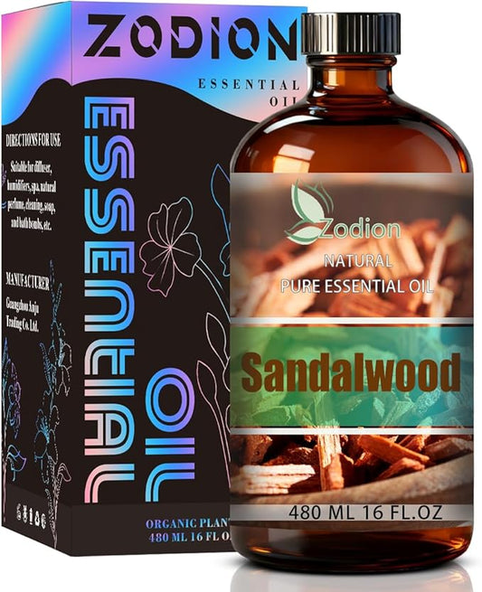 Sandalwood Essential Oil, 16 fl oz (480ml) - ZODION Sandalwood Fragrance Oil for Diffuser, Massage, Humidifier, DIY Candle, Soap Making, Home, Bath, Yoga