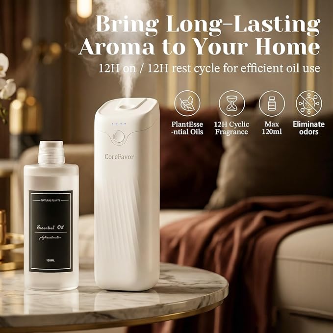Waterless Essential Oil Diffuser with 2x120ml Oil, Portable Battery-Operated Cold Air Aroma Scent Machine, 4 Adjustable Intensity Levels, Quiet Diffuser for Bedroom Office Bathroom Car