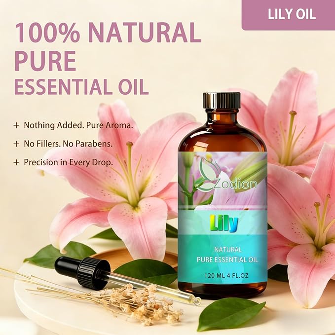 Lily Essential Oil, 4 fl oz (120ml) - ZODION Lily Fragrance Oil for Diffuser, Massage, Humidifier, DIY Candle, Soap Making, Home, Bath, Yoga