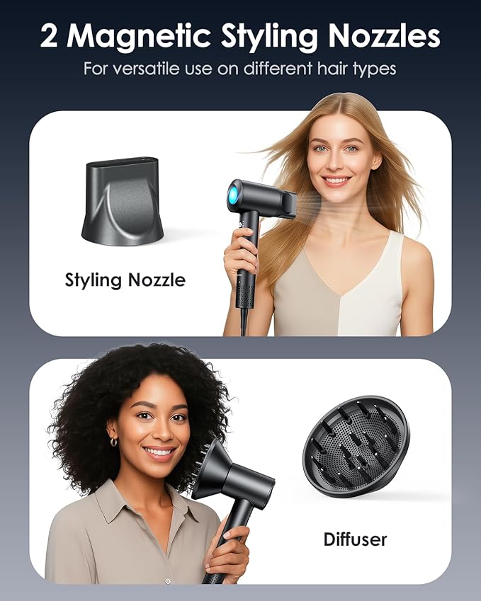 Hair Dryer, 160,000 RPM High-Speed Ionic Blow Dryer with Diffuser, Professional Hairdryer for Fast Drying, 500 Million Negative Ions, Low Noise Compact Hair Blow Dryer for All Hair Types, Drack Black