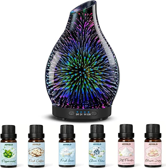 Essential Oil Diffuser & Essential Oils Set, Glass Aromatherapy Diffuser with 7 LED Colors, 6 Oils Gift Pack (Clean Home, Peppermint, Blossom Soapy, Soft Powder, Fresh Cotton, Fresh Linen)