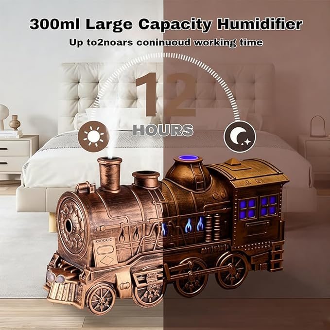 Train Diffuser, 2026 New 300ML Large Capacity Train Humidifier with Dual Cool Mist Outlets, Train Oil Diffuser with 2-Color LED, Remote Control, Auto-Off, Quiet for Bedroom Office (Black, Remote)
