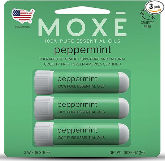 MOXE Peppermint Essential Oil Nasal Inhaler, Therapeutic No-Mess Aromatherapy, Cooling, Refreshing, Invigorating, Uplifts Mood and Positivity, Pure and Undiluted, Made in USA (3 Pack)