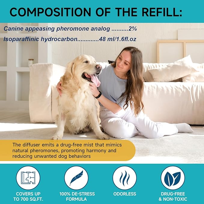 Woyamay Dog Calming Diffuser Refills - 4 Pack Dog Pheromones Calming Diffuser for Dog Anxiety Relief, Dog Pheromone Diffuser, 120 Days Pheromone Diffuser to Calm Dogs, Fits All Common Diffuser Heads
