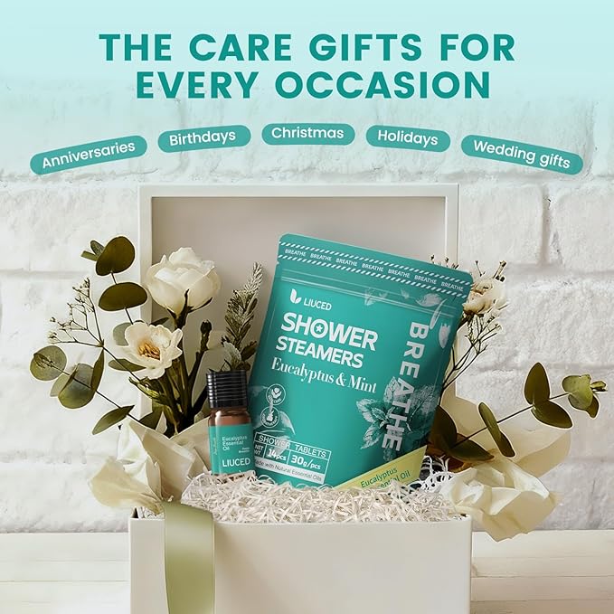 14+1 Shower Steamers - 14 Pack Eucalyptus & Mint Shower Bombs Aromatherapy and 5ml Natural Eucalyptus Essential Oils, Eucalyptus for Shower, Sinus Relief, Mothers Day Gifts for Mom Wife