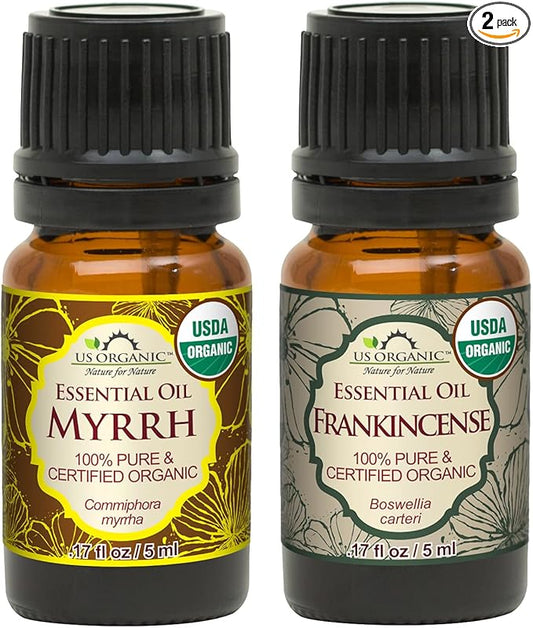 US Organic 100% Pure Myrrh, Frankincense Essential Oil Combo Pack - Directly sourced from The Horn of Africa - USDA Certified Organic - Use Topically or in Diffuser (5 ml Combo)