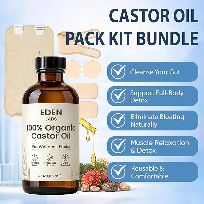 Castor Oil Pack, Organic Cotton Castor Oil Detox Pack Kit Bundle for Gut Cleansing, Digestion Aid, Muscle Relaxation & Detox, Reusable & Comfortable