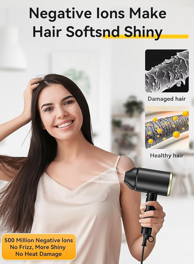 Hair Dryer, 150000RPM Ionic Blow Dryer - Fast Drying, Low Noise, Foldable Portable with Diffuser and Nozzle, Compact Mini for Women and Men, Home and Travel - Black