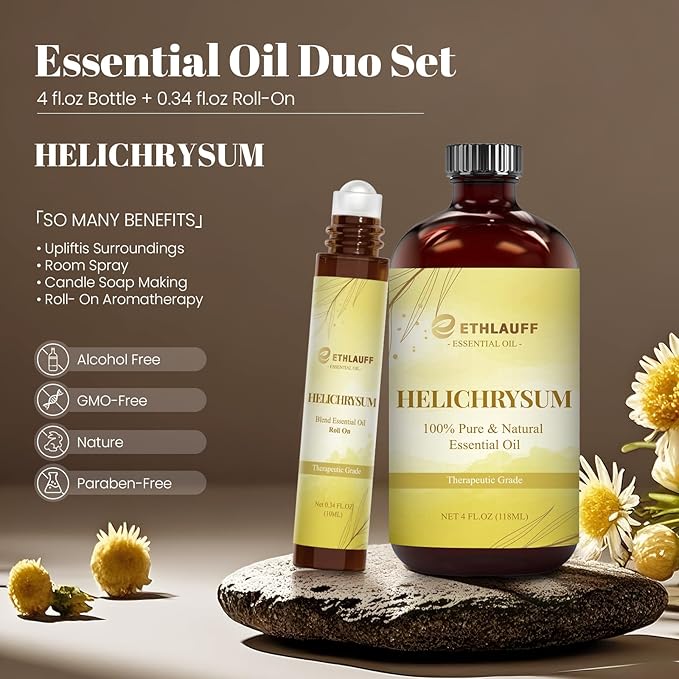 Helichrysum Extracts Essential Oil, 100% Natural Helichrysum Oil Premium Grade for Diffusers, Skin Care, Massage, Humidifiers, Stress Relief, with Glass Dropper