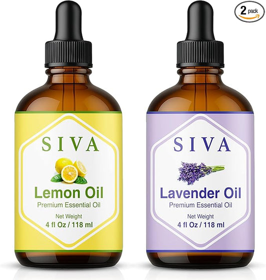 Siva Lemon and Lavender Essential Oil 4oz Bundle Super Saver Combo – Premium Grade Value Set for Aromatherapy, Skincare and Haircare