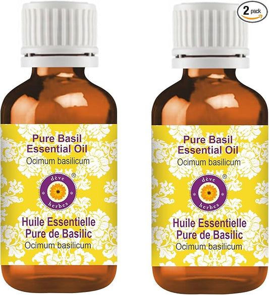 Deve Herbes Pure Basil Essential Oil (Ocimum basilicum) Steam Distilled (Pack of Two) 100ml X 2 (6.76 oz)