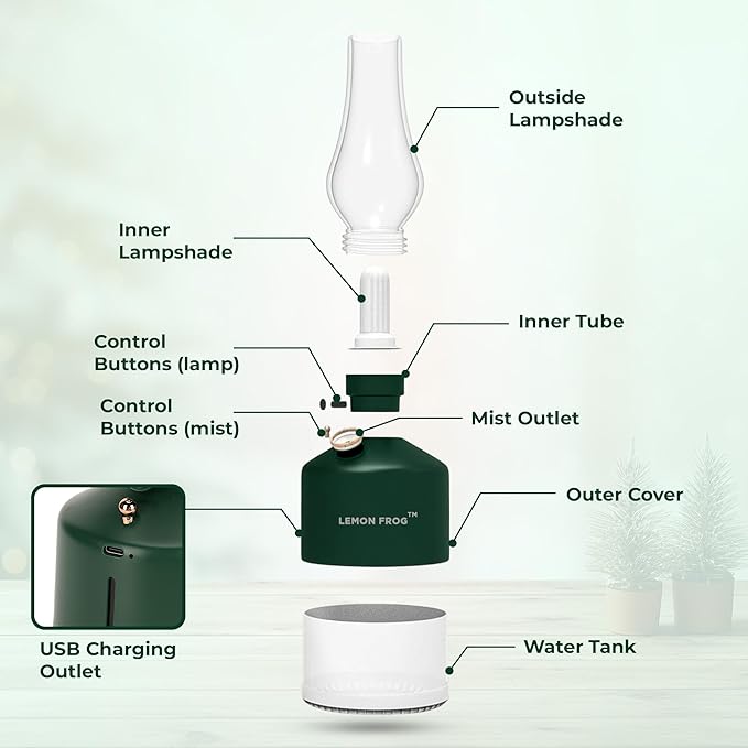 Aroma Diffuser-Vintage LED Night Lamp with Timed Spray; 1200mAh Battery; Wireless; Colorful Lights; Fine Water Mist; Dimming Control; Two Level Spray Quantity; 280mL Capacity. (Forest Green)
