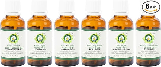 R V Essential Pack of 6 Carrier Oil Set Apricot Kernel Argan Avocado Grapeseed Jojoba Rosehip Seed 100% Pure Natural for Skin Hair Relaxation Soap Lip Balm Creams Lotions Gift Set DIY 15ml (0.507oz)