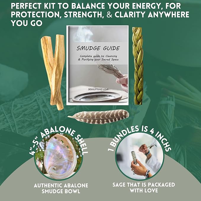 Ancient VEDA Organic Smudge Kit – Cedar Sage, Palo Santo, Sweetgrass, Abalone Shell, Feather & Smudge Guide | Smudging Kit for Home Energy Cleansing, Meditation, Reiki (Healer's Kit, Cedar Sage)
