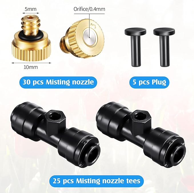 Misting Nozzles Kit Include Water Misting Tees Thread 1/4 Inch and Brass Orifice Nozzle with Black Plug for Outdoor Spray Cooling System(60 Pieces)
