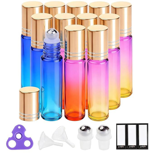 PrettyCare 12 Pack, 10 ml Essential Oil Roller Bottles with Stainless Steel Roller Ball - Refillable Leak-proof Empty Thick Rainbow Glass Roll on Bottles with Metal Caps for Travel, Perfume