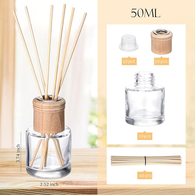 Roshtia 10 Set Reed Diffuser Bottle Empty Refillable Fragrance Glass Diffuser Bottles Set with Wooden Caps Sticks 50ml 1.7 oz Round Glass Jars for DIY Fragrance