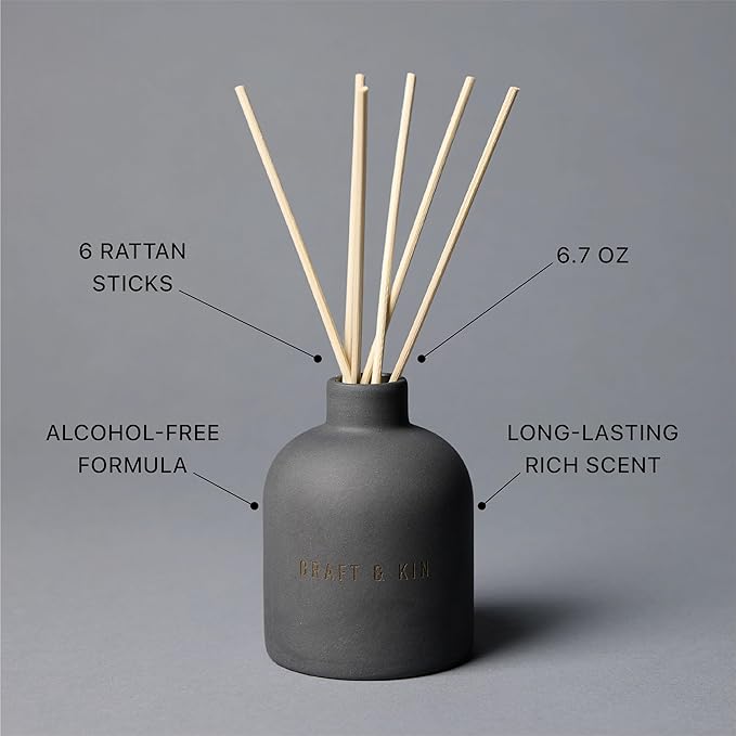 Craft & Kin Reed Diffuser for Home & Bathroom – Santal Woods Holiday Reed Diffuser Set with Fragrance Sticks, Long-Lasting Alcohol-Free Winter Scent, Earthenware Collection, 6.7oz